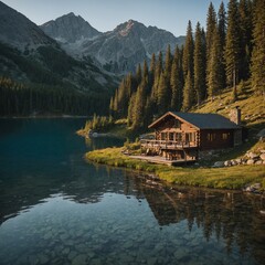 Fototapeta premium A peaceful mountain cabin beside a sparkling lake.