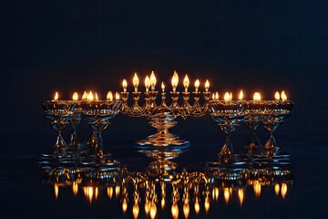 Happy Hanukkah greeting card template. Gold Menorah with candles on dark blue background. Hanukkah Jewish holiday celebration concept. 3D rendering 