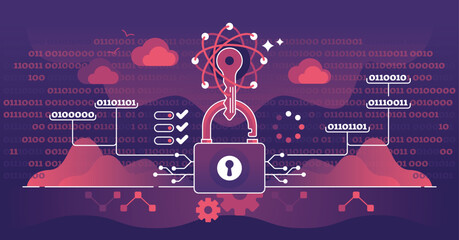Obraz premium Quantum cryptography focuses on secure communication using quantum mechanics, featuring a lock, key, and binary code. Dark theme outline style illustration.