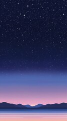 Starry vintage sky illustration landscape with mountains below, phone wallpaper combination of purple, blue and violet in a beautiful night