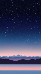 Starry vintage sky illustration landscape with mountains below, phone wallpaper combination of purple, blue and violet in a beautiful night