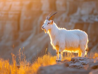 Obraz premium majestic white goat standing on rocky terrain during sunset