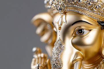 Golden ganesha close-up with intricate jewels and elegant details