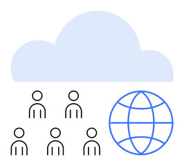 Cloud above six user icons and a connected globe icon. Ideal for cloud computing, global connectivity, data sharing, user collaboration, online services, remote work. Line metaphor