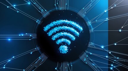 Wi-fi logo symbol illustration on binary technological digital background, blue internet symbol on black background data nods