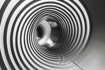 Obraz premium The spiral tunnel features bold black and white stripes, guiding the viewer's eye into a sleek metallic interior that evokes feelings of depth and movement.