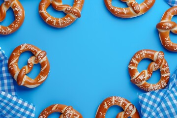A blue and white checkered tablecloth with a variety of pretzels on it. The pretzels are arranged in a circle around the tablecloth, creating a visually appealing and appetizing display