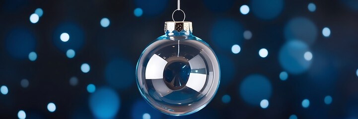 Hanged glass ornament with dark dark blue cold background and bokeh yellow golden lights in far away, shiny round ornament decorated Christmas theme