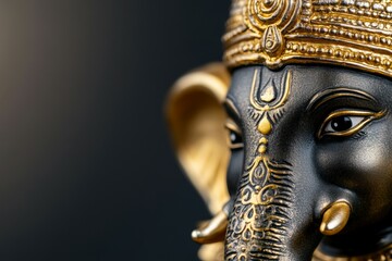 Obraz premium Elephant head sculpture with ornate gold detailing on dark background