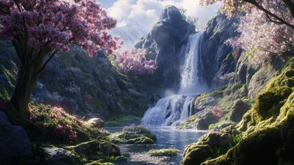 Serene Waterfall in a Blossoming Mountain Valley