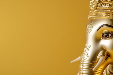 Golden ganesha statue with intricate detailing on yellow background