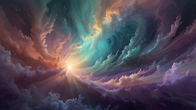Mystical swirling aether stream with soft waves of translucent light in shades of deep violet and silver, suggesting the attraction and absorption of cosmic energy