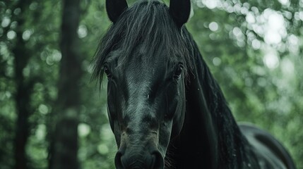  Closeup of portrait of a beautiful black horse.