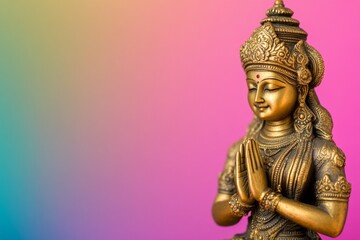 Golden statue of hindu goddess on vibrant multicolored background