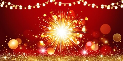 Obraz premium Sparked golden light on red background with shiny bright lights, light rays wallpaper design christmas and party theme illustration