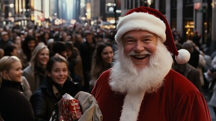 Happy Santa Claus in the middle of a busy New York street