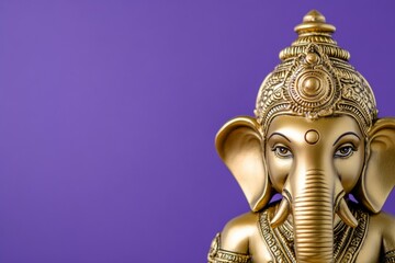 Golden ganesha statue on purple background showcasing intricate details