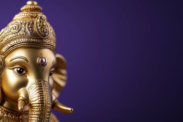 Obraz premium Golden ganesha statue on purple background: symbol of wisdom and prosperity