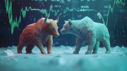 Bull and bear fight in the stock market analyzing charts and trends in a dynamic environment