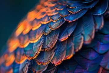 Fototapeta premium The photograph captures a detailed close-up of iridescent feathers featuring vibrant colors and complex patterns, illuminated beautifully by natural light, focusing on the intricacies.