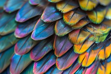 Naklejka premium Vivid feathers display a stunning array of colors and textures, capturing the beauty of a tropical bird's plumage in its natural environment.
