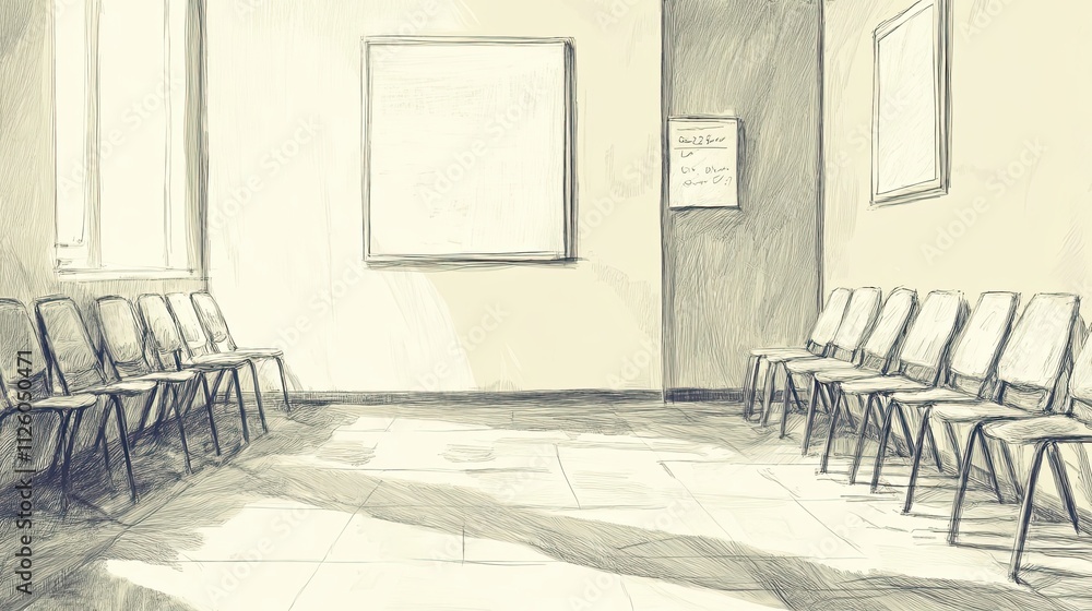 Poster empty waiting room sketch showing rows of chairs