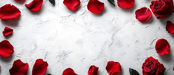 A gentle composition of rose petals arranged in a heart-shaped pattern on a pure white surface. The petals vary in shades of red and pink, symbolizing passion and tenderness. Light falls evenly,