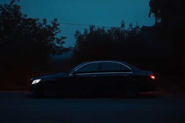 Naklejka premium Sleek Sedan Gliding Through Dusk Shadows on Quiet Road