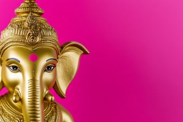Golden ganesha statue on vibrant pink background