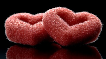 A pair of red hearts cut from satin fabric lying on a white surface. Their plush texture catches light, creating subtle highlights. The two hearts rest near each other, symbolizing partnership, 