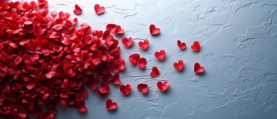 A pattern of small red hearts stamped randomly across a white surface, with each heart slightly different in shape and intensity. This scattered arrangement appears spontaneous and lively, reflecting 