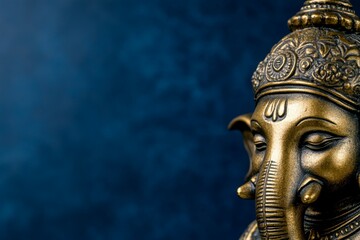 Obraz premium Close-up of intricately carved brass ganesha statue against blue background