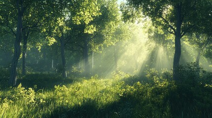 Obraz premium Tranquil Sunlight Filtering Through Lush Green Trees in Serene Forest Landscape Surrounded by Vibrant Foliage and Gentle Grass Covering the Ground