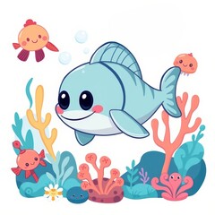 Cute Cartoon Fish in Coral Reef
