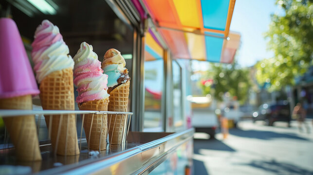 Close-up of serving window on American ice cream truck