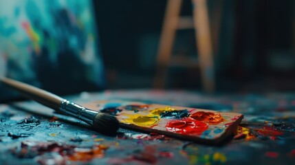 Obraz premium A detailed shot of an artist palette with vibrant colors in focus, while the blurred canvas stands in the background