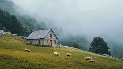 Obraz premium Tranquil Rural Landscape with an Idyllic Stone Cottage Surrounded by Lush Green Fields, Misty Mountains, and Grazing Sheep in a Serene Atmosphere