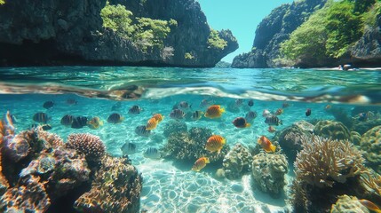 Naklejka premium Underwater Paradise: Vibrant Coral Reefs and Tropical Fishes in a Crystal Clear Lagoon Surrounded by Lush Green Cliffs Under a Bright Blue Sky