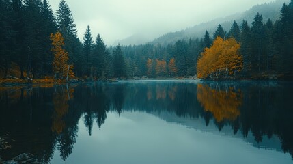 Fototapeta premium Tranquil Autumn Reflections in a Misty Forest Lake Surrounded by Vibrant Yellow and Green Foliage Underneath a Soft Overcast Sky
