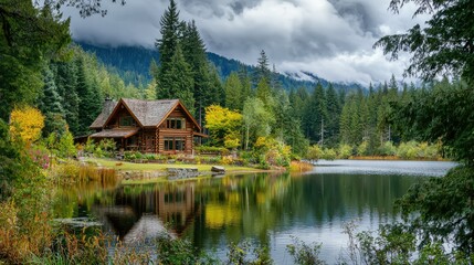 Fototapeta premium Serene Log Cabin Beside Tranquil Lake Amidst Lush Green Forest and Majestic Mountains Under Dramatic Cloudy Sky in Autumn Colors