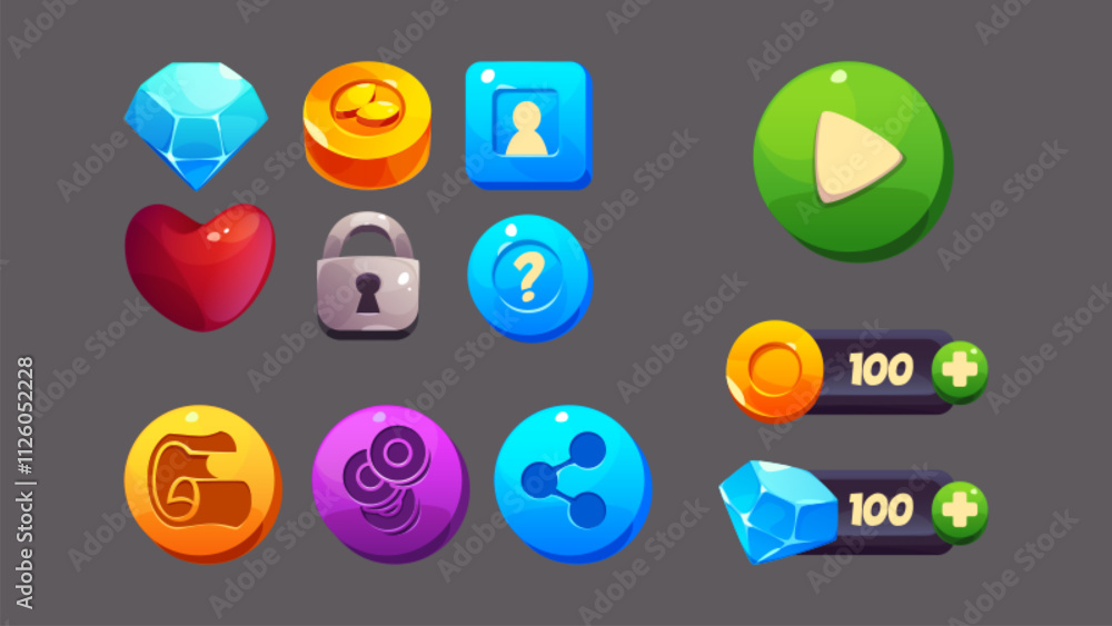 Poster game ui icons and interface design elements. cartoon vector play button, bar with golden coin and bl