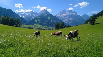 Tranquil Alpine Landscape with Grazing Cows and Majestic Mountains under a Bright Blue Sky in the Swiss Countryside