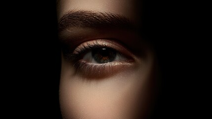 Close-up of a woman's eye, partially shadowed, highlighting its beauty and texture.