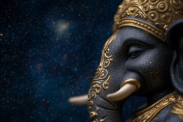 Intricate black and gold ganesha statue against cosmic starry background