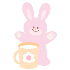 Illustration of pink bunny and milk mug for cartoon character, comic, mascot, animal, happy easter, zoo, souvenir shop, plush toy, rabbit doll, bedtime drink, pet shop, vet, menu, cafe, snack, sticker