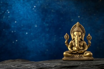 Fototapeta premium Golden ganesha statue on rock with starry night sky background