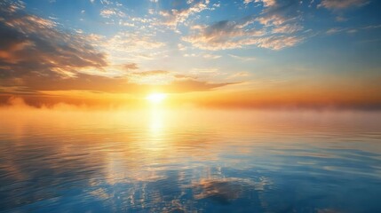 Fototapeta premium Breathtaking Sunrise Over Serene Ocean Waters with Reflection of Colorful Clouds and Golden Sunlight Illuminating the Tranquil Seascape at Dawn