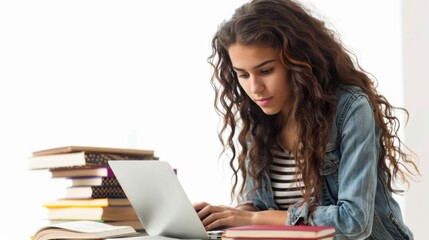 Female student researching on a laptop, isolated on white background for seamless editing in designs