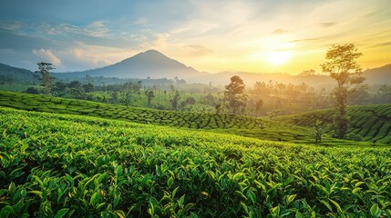 Fototapeta premium Breathtaking Sunrise Over Lush Green Tea Fields with Majestic Mountains in the Background Amidst a Serene Natural Landscape