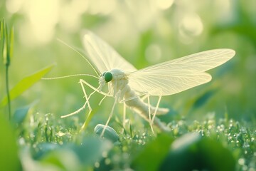 Obraz premium Delicate Dragonfly Resting on Dewy Grass in Serene Garden